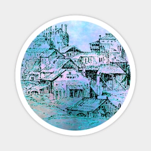 Ancient Town Outline Art Pastel Fog Background Magnet